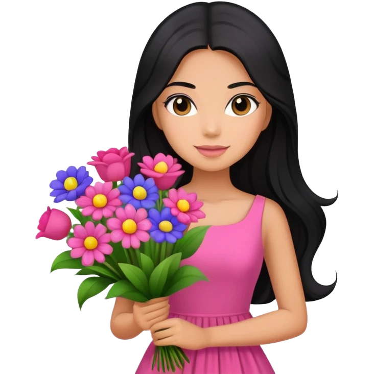 beautiful girl with long black hair wearing pink dress holding a colorful bouquet of flowers emoji