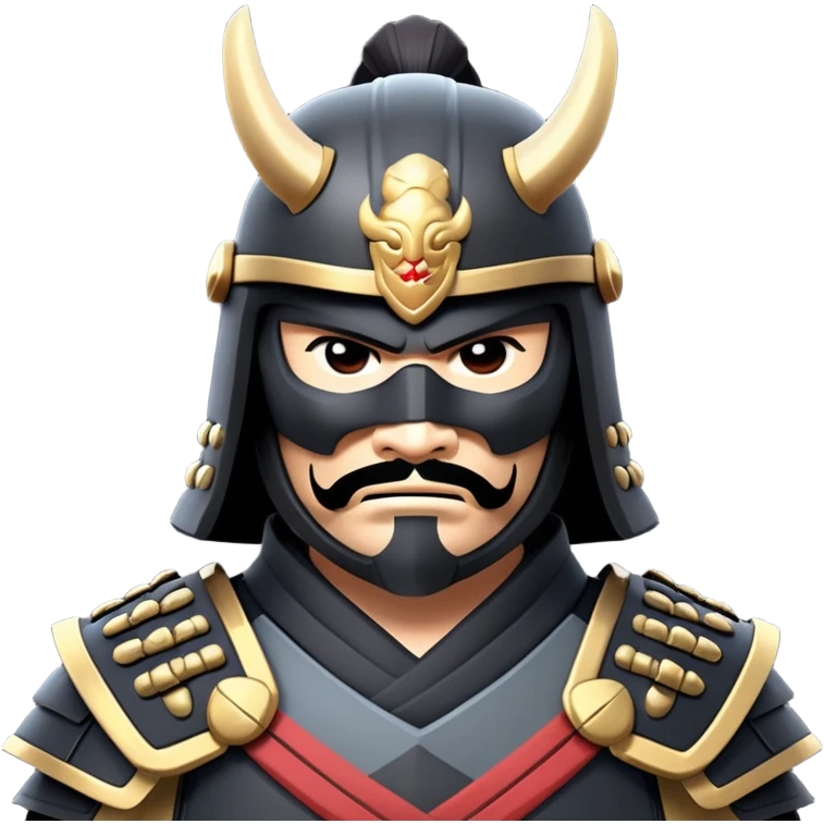 clash-of-clans-aesthetic_-cinematic-fearsome-and-majestic-samurai-bust-portrait-emoji, rendered in a flat, vector-style with minimal shading and bold, simplified shapes typical of emoji art, depicting a battle-hardened samurai with black mask and traditional black Japanese armor. The samurai is riding a noble grey warhorse adorned with an intricately designed saddle and fluttering banners and a rising sun. a samurai on a   horse emoji