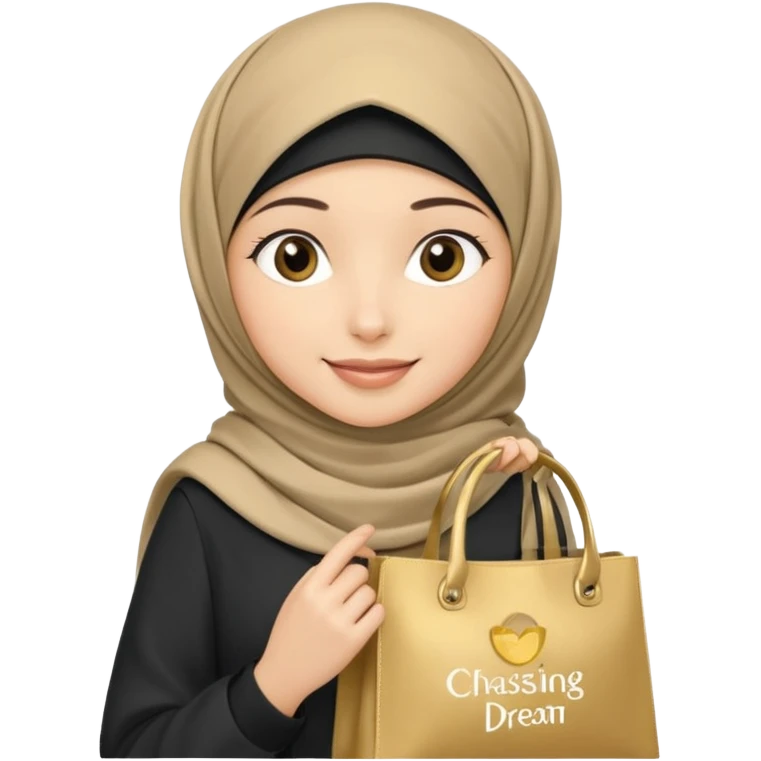 iOS 18 emoji beautiful smiling hijabi girl with striking hijab, carrying tote bag featuring 'keep chasing your dream' in soft gold color text emoji
