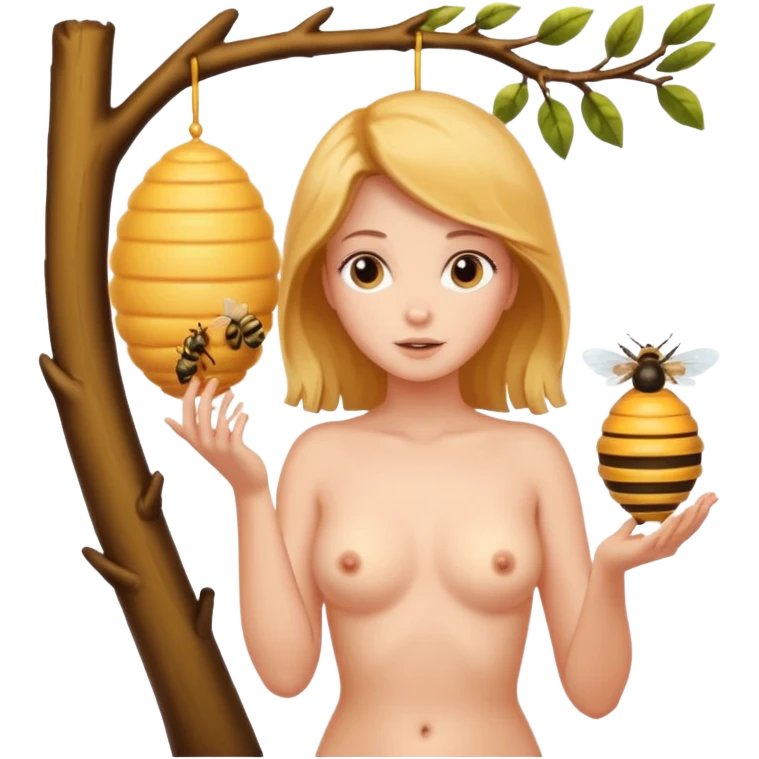 A naked women looking at a beehive hanging by a branch  emoji