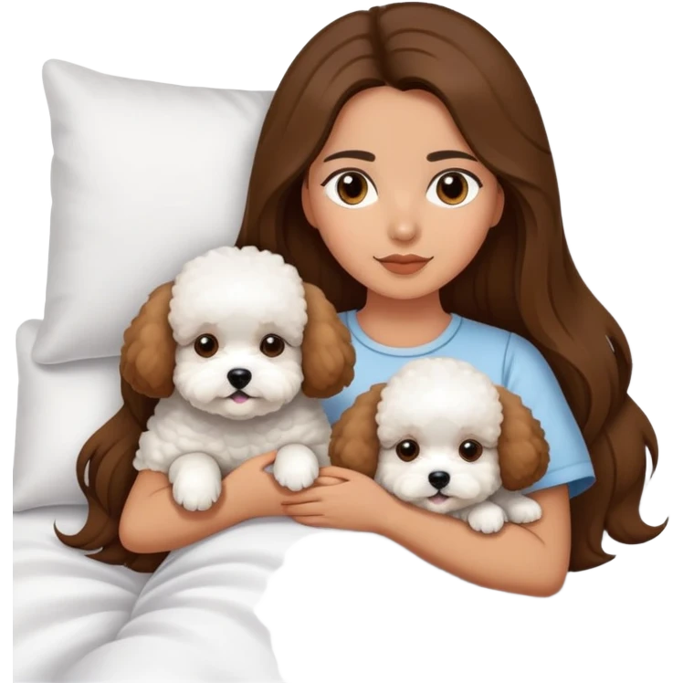 Olive skin girl with long brown hair in bed with 3 WHTE bichon frise's emoji