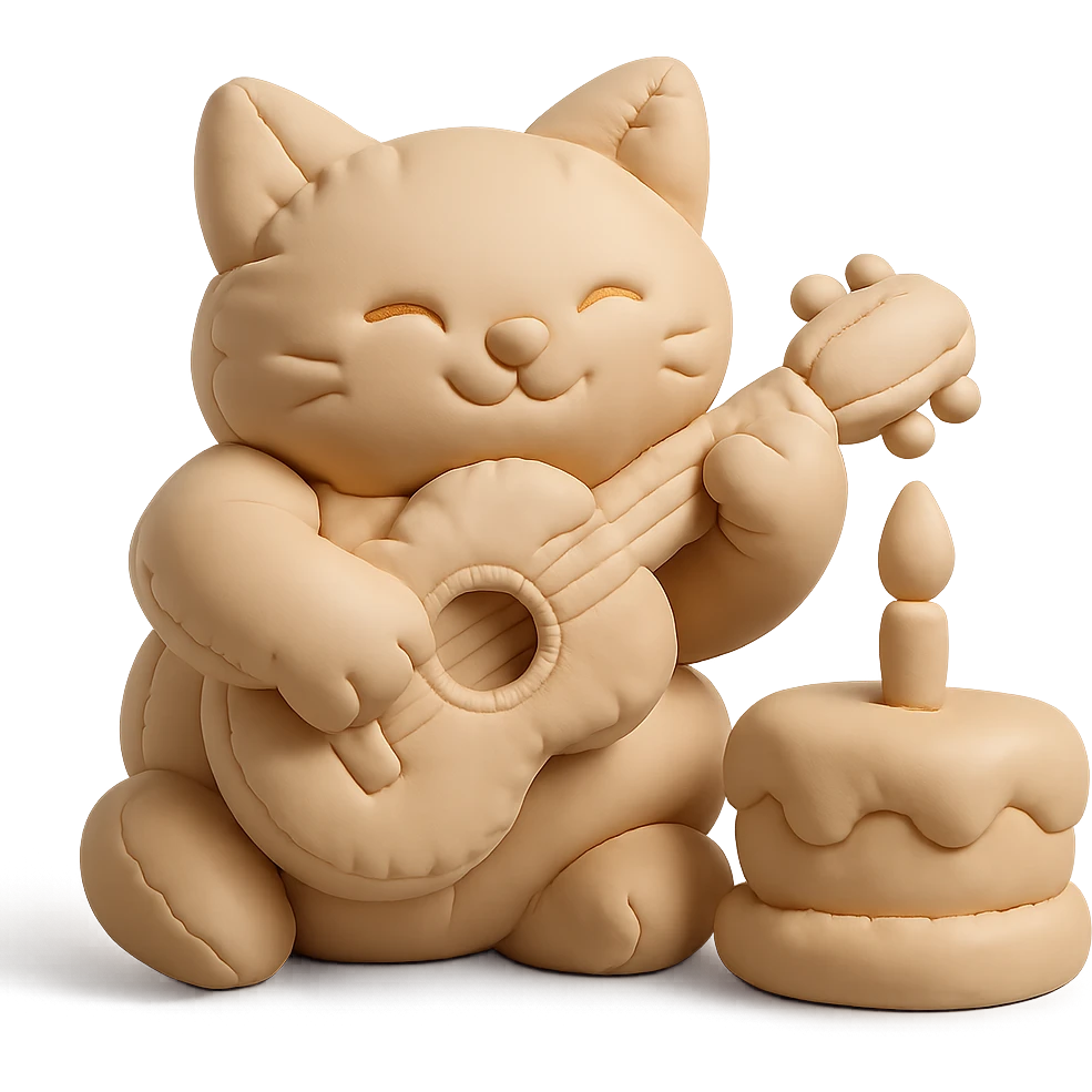 cat playing guitar next to a cake, cushion style emoji
