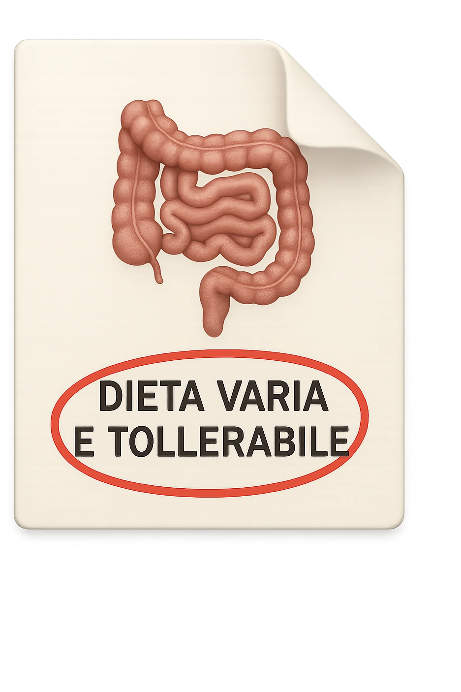 emoji stile iphone di un foglio con un INTESTINO disegnatO sopra e la scritta "DIETA VARIA E TOLLERABILE" CERCHIATA IN ROSSO, iperrealistico 4k, isolato su sfondo bianco emoji