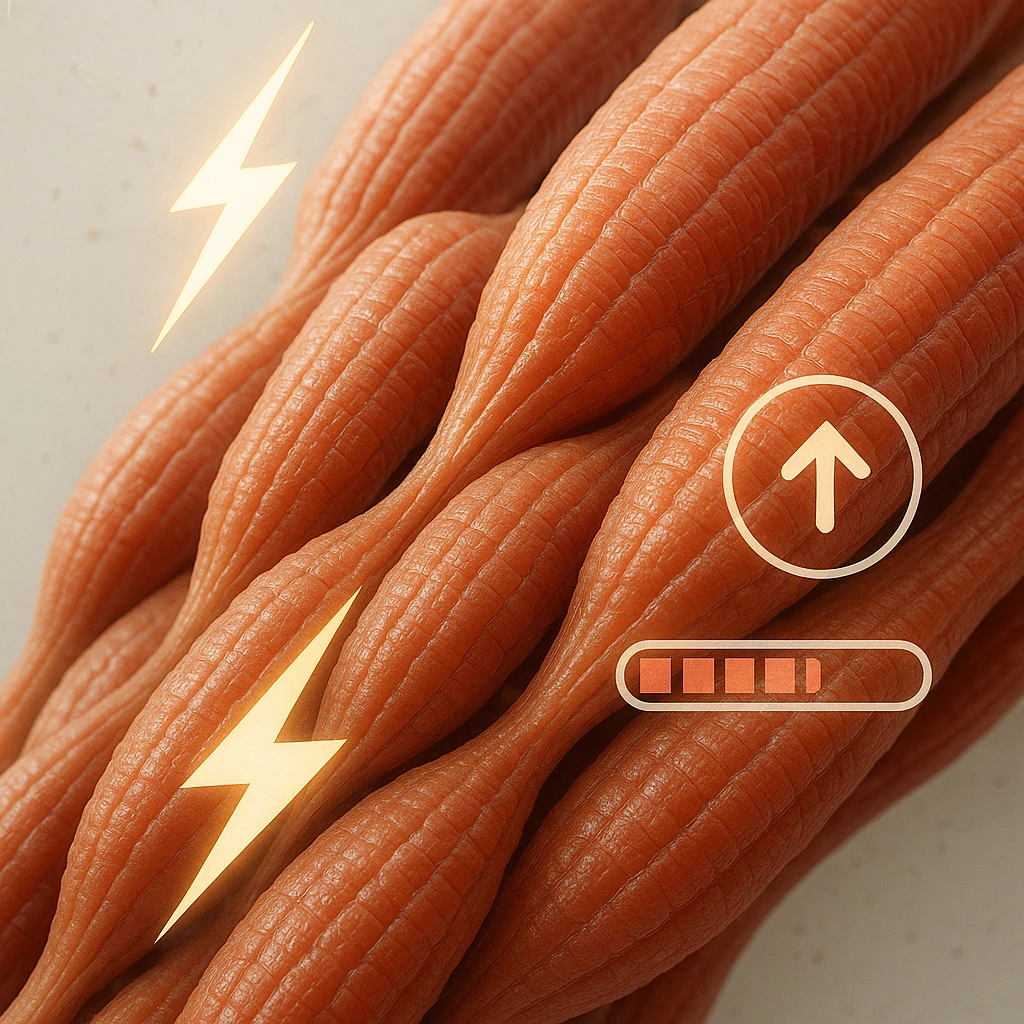 hyper realistic image of fast-twitch muscle fibers, expanded and hypertrophic structure, symbols of energy and growth like lightning bolts and progress bars, anatomical details, clinical atmosphere, neutral background emoji