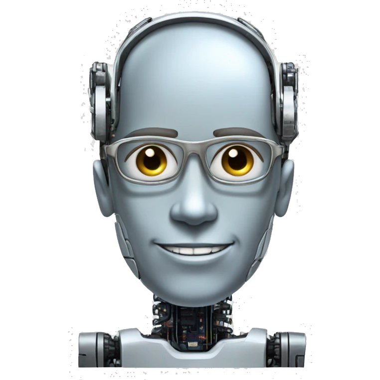 Robotic Cyborg head with fair skin, flat top haircut, rectangular glasses, circuits and smiling  emoji