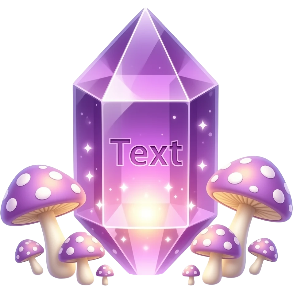 The text 'Text' carved out, transparent Amethyst crystal, internal glowing magical light, surrounded by soft glowing mushrooms, magical realism style, detailed, 3D, shimmering particles, fantasy illustration emoji