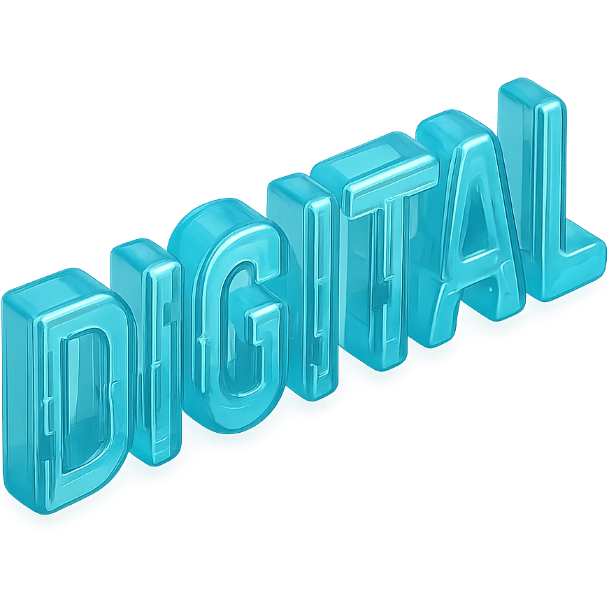 The word "DIGITAL" BOLD, cyan blue emoji