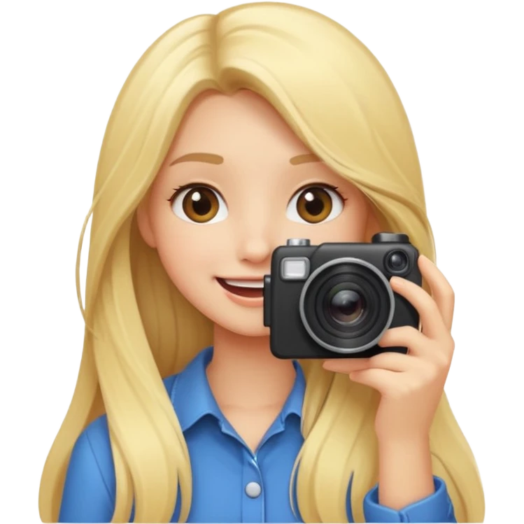 blonde girl photographer cartoon taking picture in middle of taking picture camera in front of face long hair smiling funny flash professional camer emoji