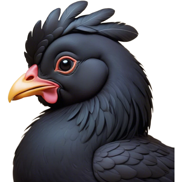 Meme-Worthy Cute Sleeping Black Chicken Portrait Emoji, Head resting peacefully with a contented smile, showcasing a delightfully compact build and a luxuriously soft black plumage, eyes shut in a serene, restful nap, Simplified yet hilariously adorable features, highly detailed, glowing with a soft, drowsy light, high shine, relaxed and utterly lovable, stylized with an air of playful laziness, bright and heartwarming, soft glowing outline, capturing the essence of a comically sleepy chicken, so meme-worthy it feels like it could instantly become the next viral sensation of adorable slumber! emoji