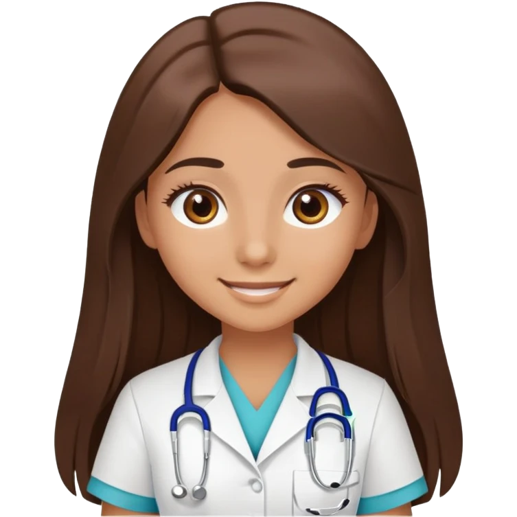 An student of nurse with an chocolat brown straight long hair,  also brown big eyes with lashes, skin like latina, and smile emoji