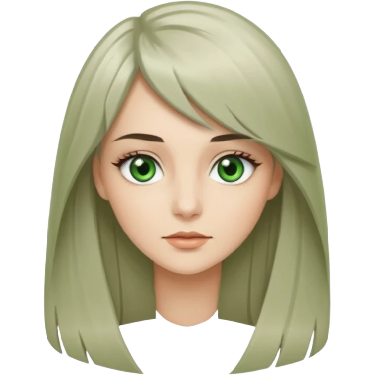 женщина с зелёными глазами, красивыми бровями, серо-бежевыми длинными волосами, подстриженных каскадом, с асимметричным пробором, прямой чёлкой emoji
