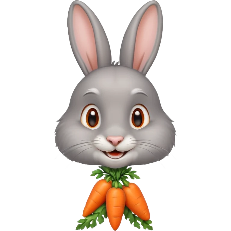 Grey rabbit, holding a carrot, grinning with joy
 emoji