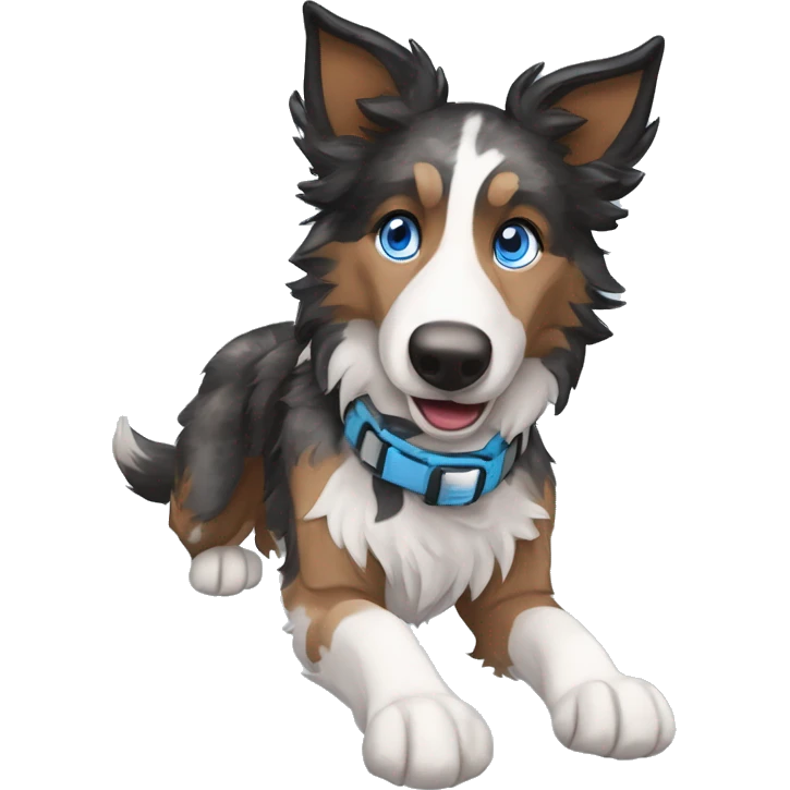  Black spotted brindle fluffy collie husky lurcher fox blue eyes fluffy ears and holographic harness running emoji