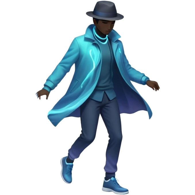 Male silhouette with flowing energy aura around it and small style elements like hat, jacket and shoes orbiting around, ethereal masculine style inspiration emoji