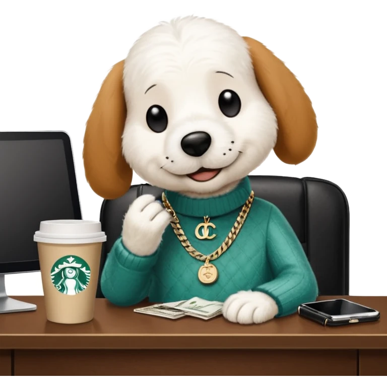 snoopy in a desk with starbucks and his chanel purse emoji