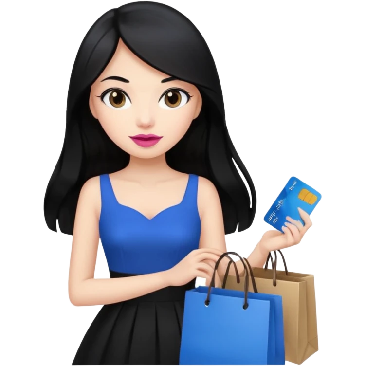 Girl with long black hair, pink lipstick, brown eyes holding shopping bags and blue credit card and wearing a black dress  emoji