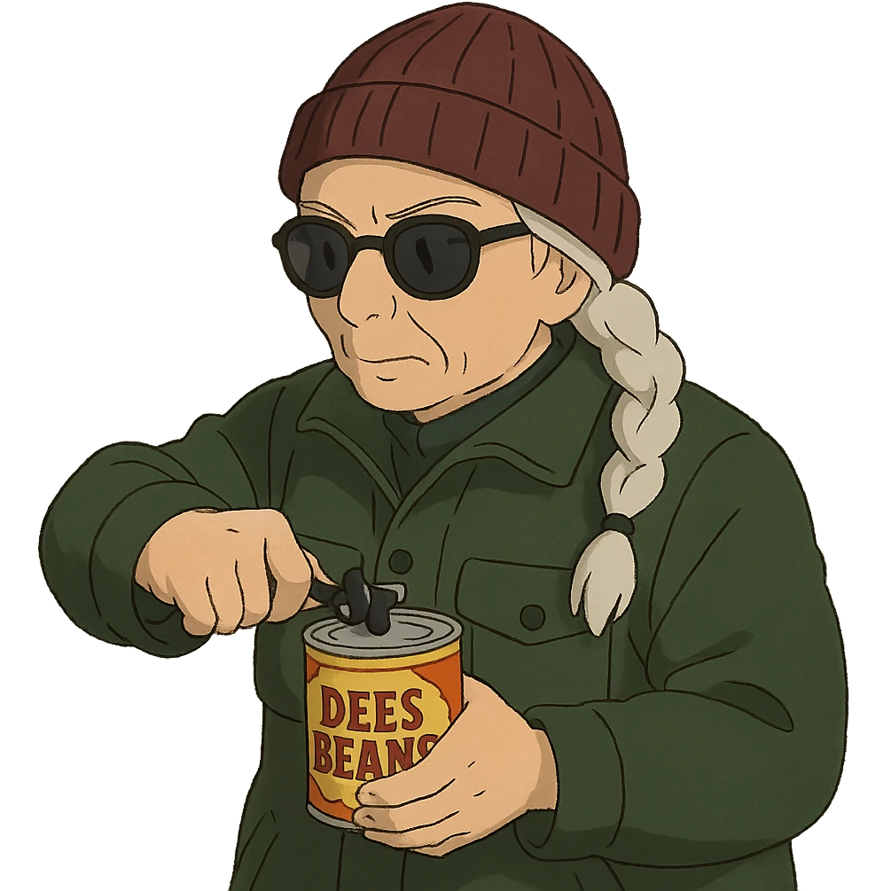 1 female, long white braid, knit cap, dark sunglasses, DARK GREEN HUNTER JACKET, USING A SMALL BLACK HANDHELD CANOPENER TO OPEN A CAN OF DEES BEANS emoji