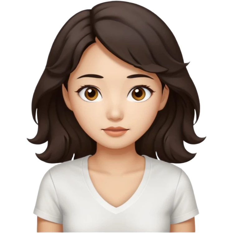 iOS style emoji. A girl with very long dark brown wavy hair. And the eyes color is dark brown. And she is wearing white t shirt with V kneck. And she is 30. She is Asian with double eyelids  emoji
