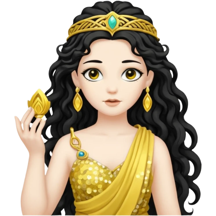 Libera, Goddess of Labyrinth from Roman Deities with long jet black wavy hair, yellow sequin toga  emoji