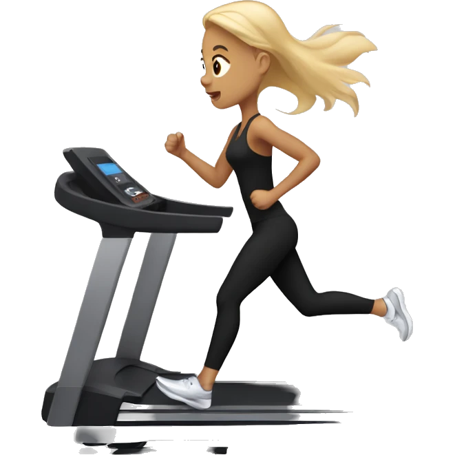 Girl with blonde hair running on a treadmill, she is wearing all black emoji