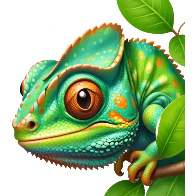cinematic cute-smiling baby chameleon-realistic emoji,-blending-with-vibrant-greenery.-detailed-scales-in-shifting-colors,-showing-the-chameleon’s-ability-to-camouflage.-soft-natural-light-highlights-its-texture.-light-background, zoomed into its face emoji