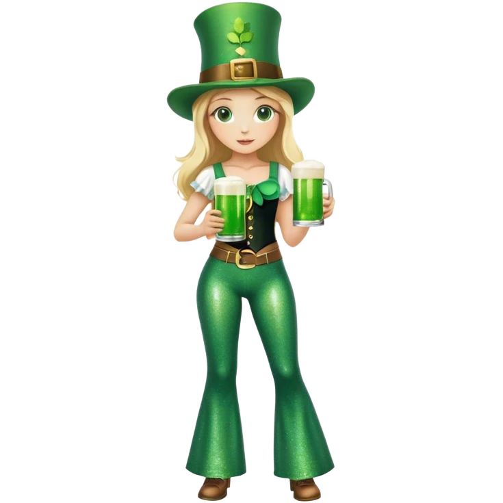 Blonde haired girl in glittery green bell bottoms and tall leprechaun hat holding a green beer emoji