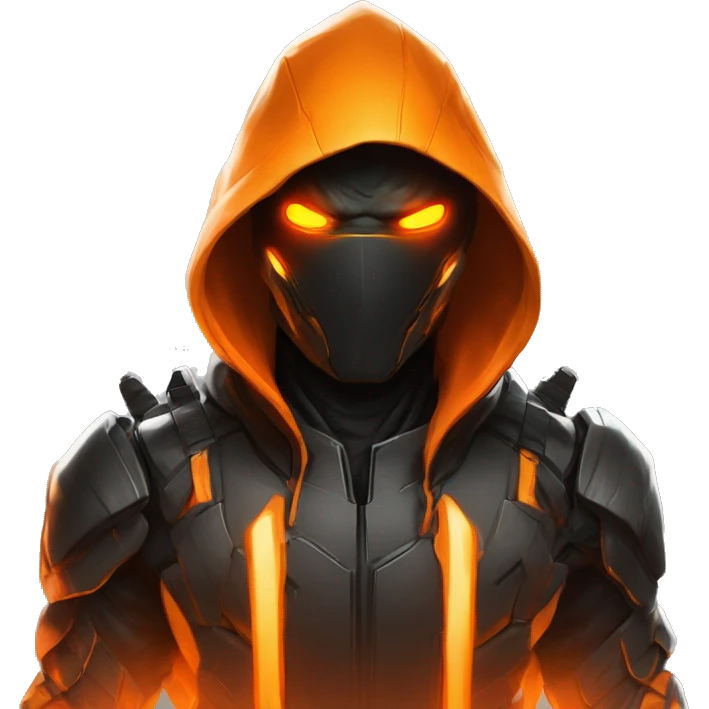  developer behind his laptop with this style : crysis Cyberpunk Valorant orange glowing bright orange character orange black hooded assassin themed character emoji