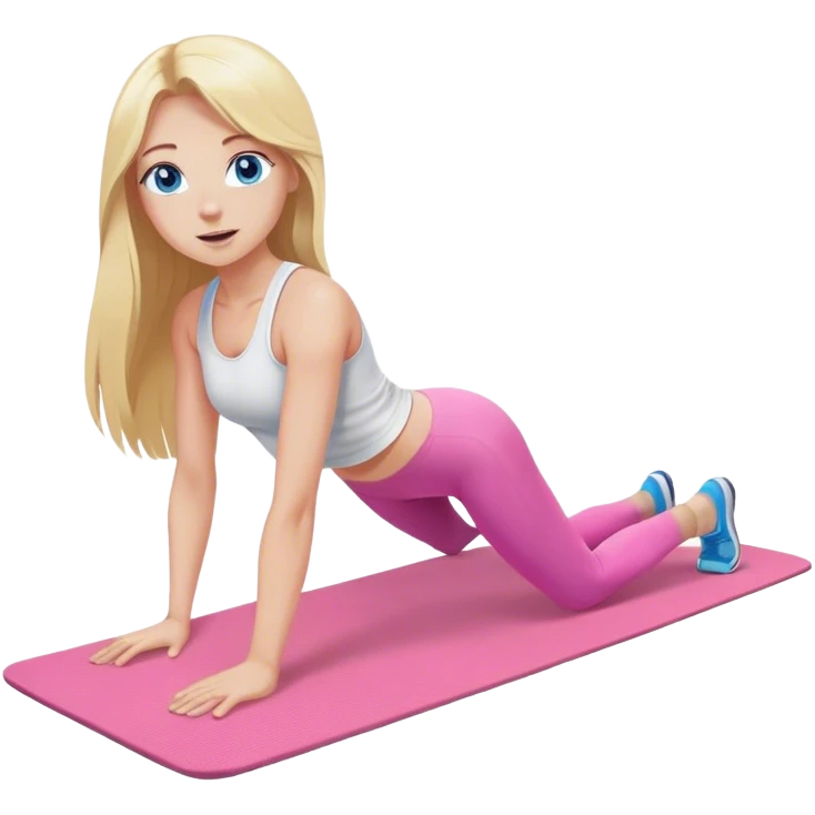 A cinematically realistic blonde with long hair and blue eyes, dressed in a white top and pink leggings, performs a sports exercise on a mat emoji