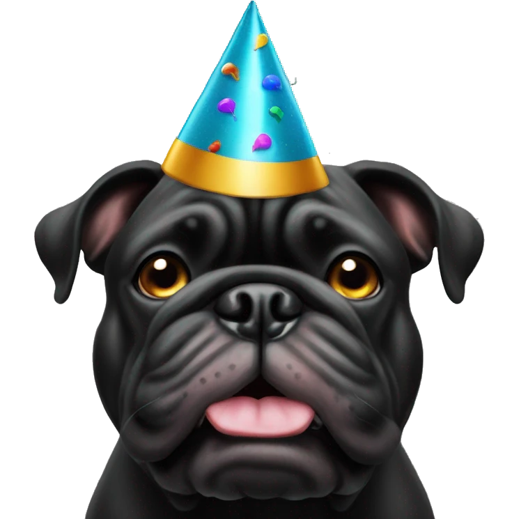 Solid Black bulldog with party hat emoji