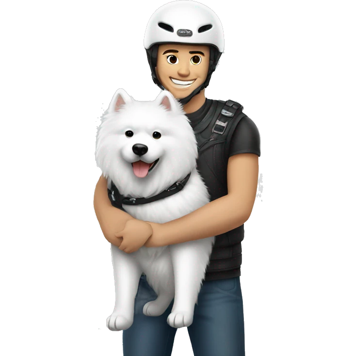 helmet biker hugging a white Samoyed emoji