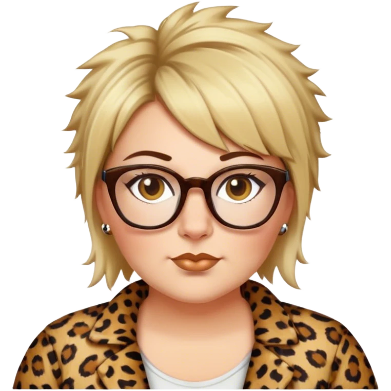  plus size white women dressed in leopard with short medium brown and blonde shaggy spiked hair wearing glasses with hazel color eyes and flat nose emoji