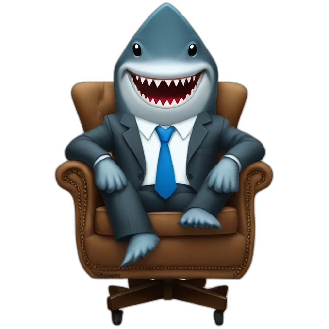 A shark wearing a suit looking straight while sitting in a brown chair with a blue tie emoji