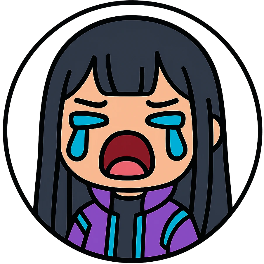 chibi cyberpunk girl with long straight black hair, large glowing neon-blue anime eyes, light peach skin, round face, small nose, soft cheeks, thin black line art, crying expression with tightly shut eyes, mouth wide open as if sobbing, big teardrops running down both cheeks, pure white background, inside a thin black circle emoji