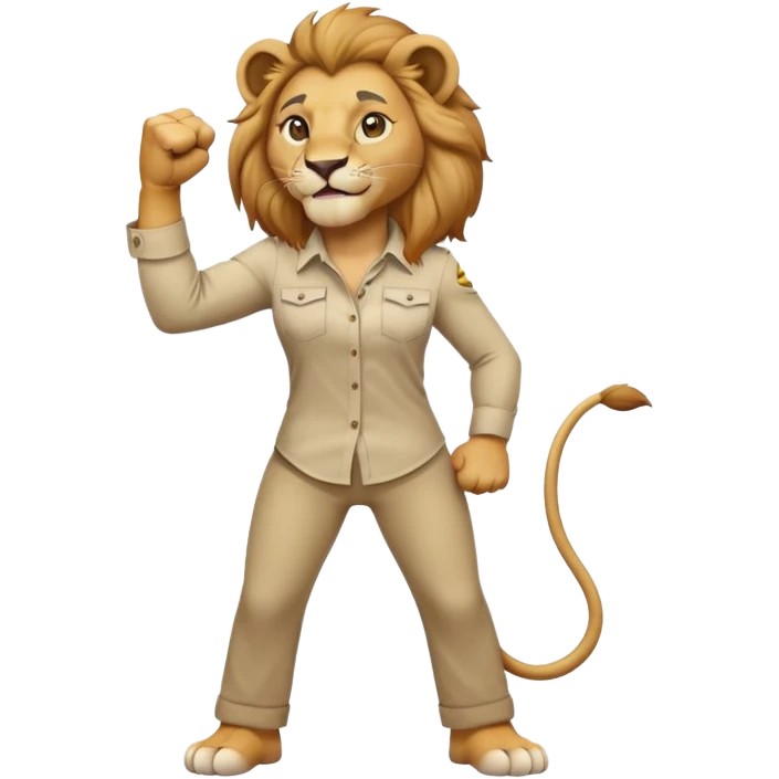 friendly anthropomorphised female lion in a shirt and pants doing a fist pump emoji