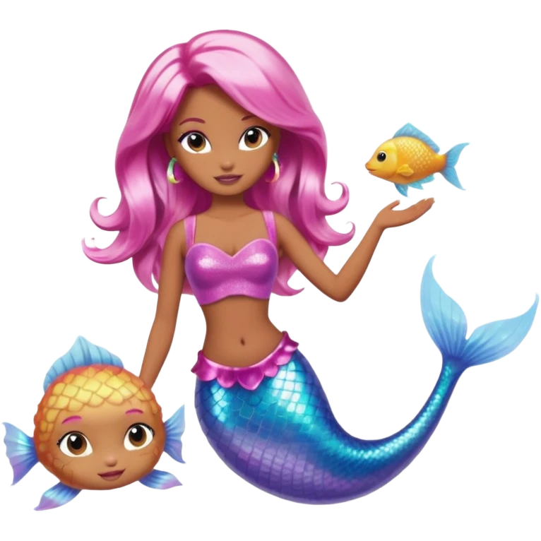Brown skin blonde hair barbie mermaid with holographic tail and pink hair with pufferfish emoji