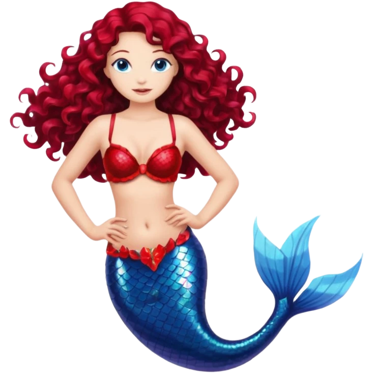Bright mermaid with long curly dark brown hair and blue eyes with a red shells bra and a completely red fin without any different colors, in a beautiful pose emoji