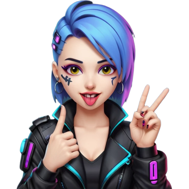 Woman with her tongue out in cyberpunk clothing and giving the middle finger. Looking naughty. emoji