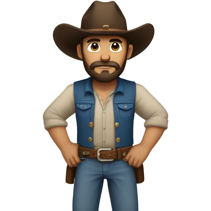 a rugged cowboy with a thick beard, wearing a blue vest over a classic western shirt and a brown belt with a silver buckle. He should have a confident stance, showing full torso emoji