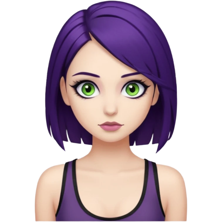 alternative girl with dark purple hair and big eyelashes, beautiful makeup and greenish grey eyes, straight eyebrows & wearing a low cut black tank top emoji