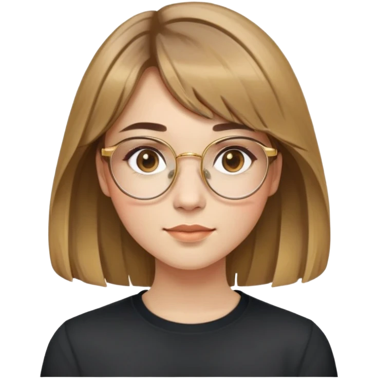 young adult woman with light skin, friendly and serene expression, round face with prominent cheeks, light brown hair with golden highlights, voluminous and straight with slight waves, long bangs over eyebrows, large octagonal glasses with thin golden or light pink frame, casual dark shirt emoji