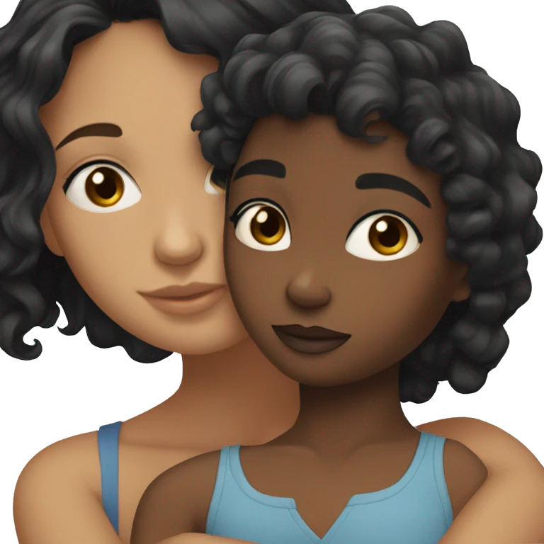 A black girl with blue eyes and black hair hugging a girl with tan skin and black wavy hair emoji
