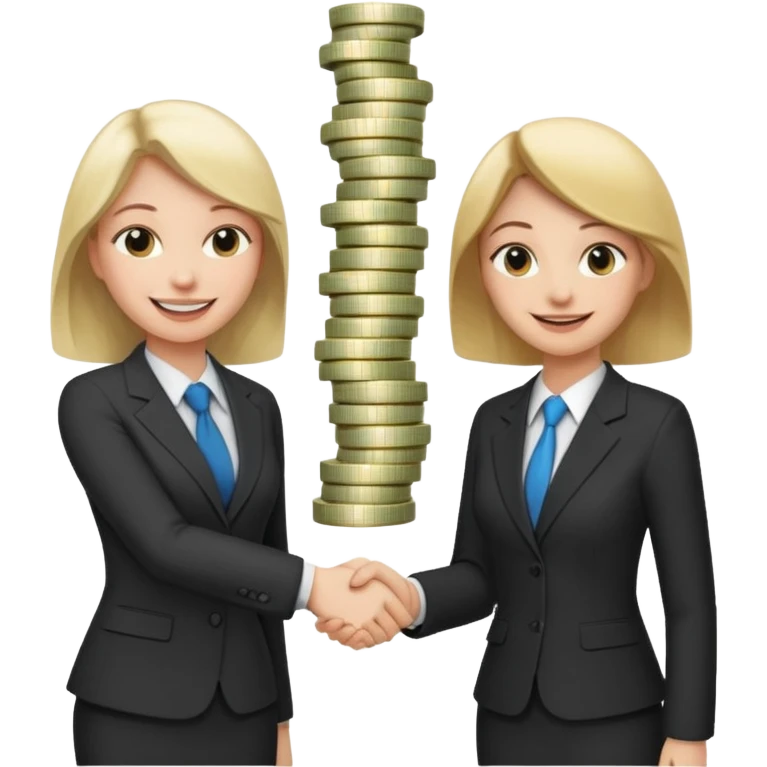 Девушка получает много денег и заключает выгодное сотрудничество. Она жмет руку коллеге и вокруг мешки денег  emoji