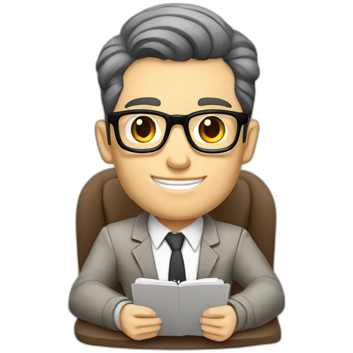 Pale skinned Fit Man With dark brown hair in gray jacket, beige office shirt and vintage glasses sitting In a soft chair with a notebook with emblem Ψ and a pen in his hands emoji