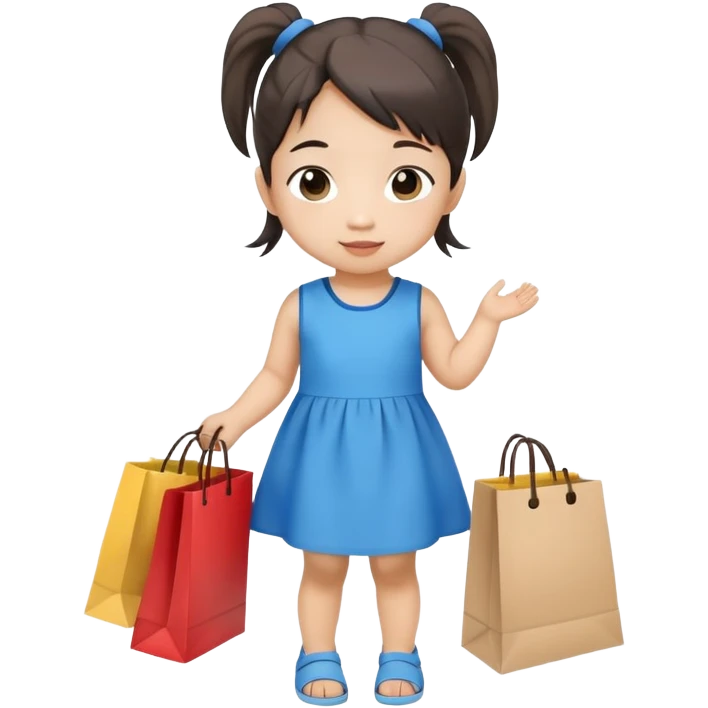 Asian toddler girl in 2 pony tails in blue dress holding a shopping bag emoji