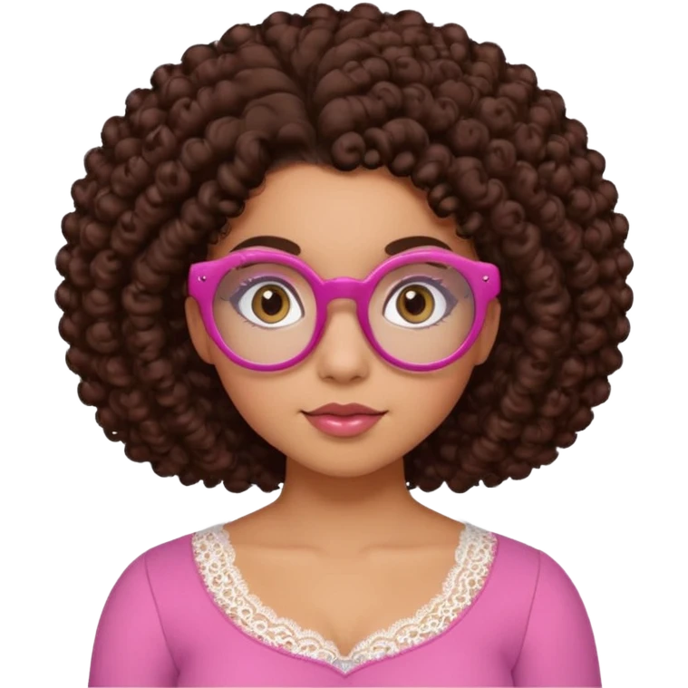 medium-light kinned afro-latina girl with medium length chocolate brown side part curly hair, brown eyes, pink sweetheart necklined top with lace, round wide-ish nose, chubby oblong shaped face, brown glasses emoji