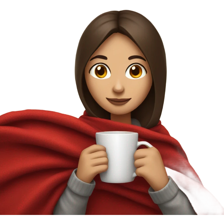 Brunette girl wrapped in red blanket sipping tea emoji