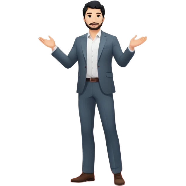 Professional 35-year-old man with black wavy hair, stubble, strong jawline, white skin tone, wearing smart casual business attire, giving a TED talk on innovation, standing on circular red carpet stage, gesturing confidently with projected slides behind him emoji