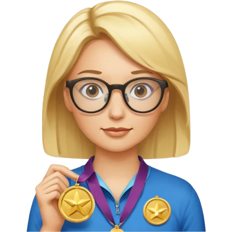Describe a blonde woman wearing glasses with a gold medal emoji