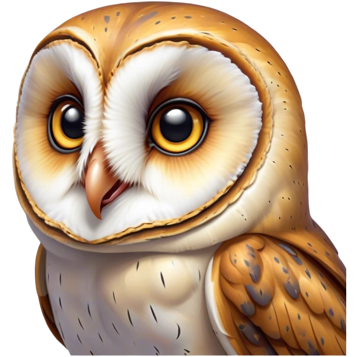 Cinematic Comical Barn Owl Portrait Emoji, Head tilted dramatically with an exaggeratedly amused expression, featuring a striking mottled plumage with bold contrasts, wide, expressive amber eyes filled with playful disbelief, Simplified yet hilariously expressive features, highly detailed, glowing with a slightly sassy glow, high shine, dramatic yet playful, stylized with an air of cheeky nocturnal mischief, bright and endearing, soft glowing outline, capturing the essence of a spirited and over-the-top owl, so meme-worthy it feels like it could hoot its way into internet fame instantly! emoji