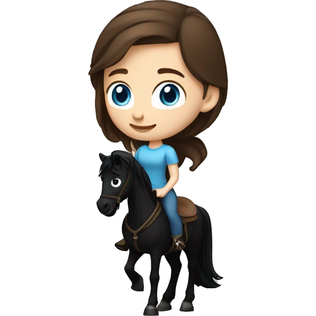 Girl with white skin, blue eyes and brown hair riding a Black horse with long mane and dark eyes. We see them from the side, they are causally walking emoji